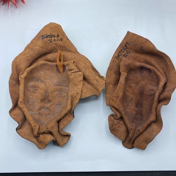 Leather Mask Face Vintage African Tribal Decorative Wall Hanging Art Set of 2 - Picture 2 of 12